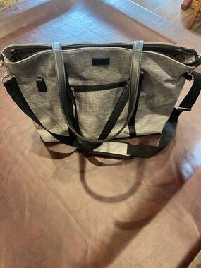 Gray Women's Laptop Tote with Black Trim and Crossbody Strap